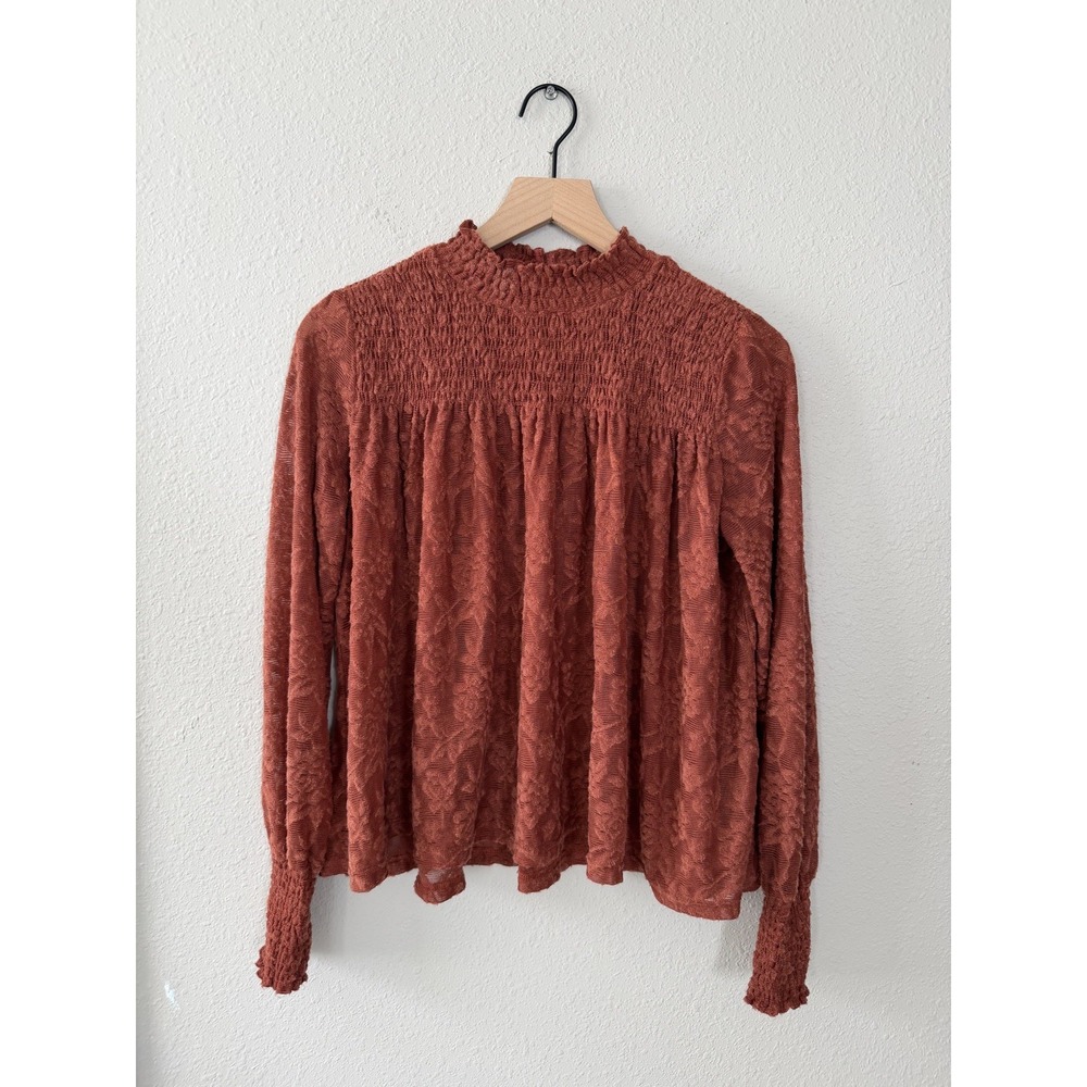 Anthropologie Deletta XS Rust Lace Semi-Sheer Western High Neck Top Boho